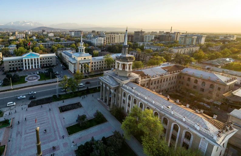 an aerial view of some buildings in the distance