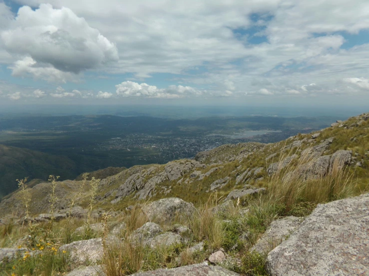 a view of the mountain has rocks in it