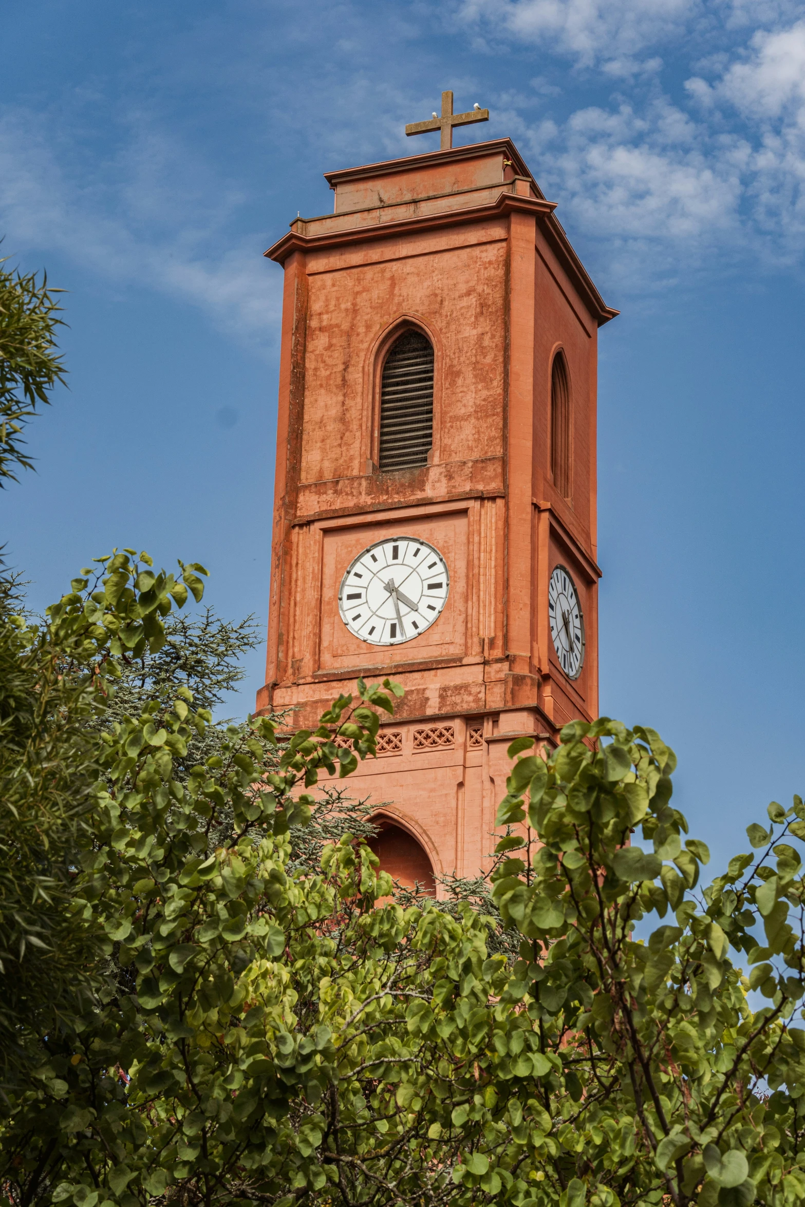 the clock tower is built behind some trees