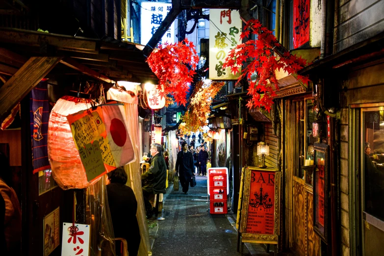 a street with lots of lanterns strung along it