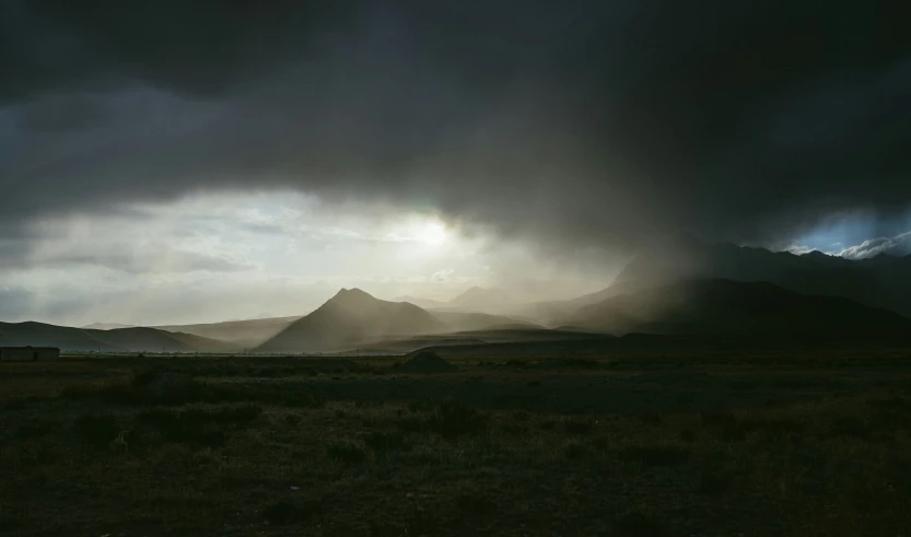 a grassy field with a mountain in the background