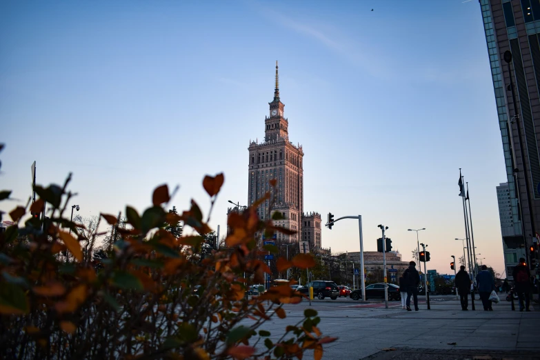 people stand by a building near many red flowers