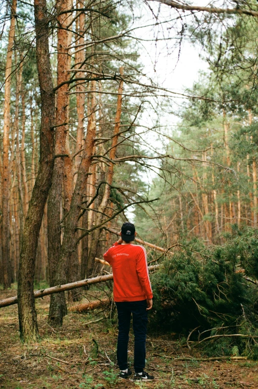 a person in red jacket standing next to trees