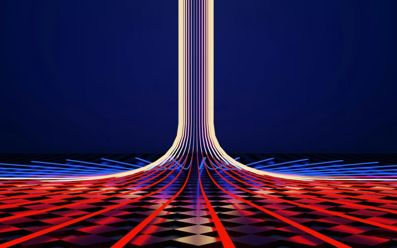 a tower is depicted with red and blue lines