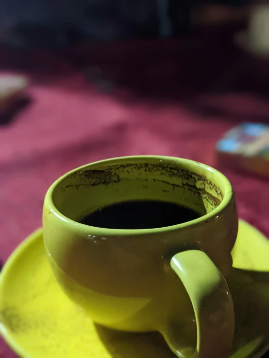 a yellow cup on top of a yellow saucer