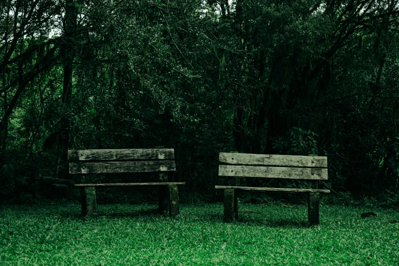 two wood benches sit outside in the grass