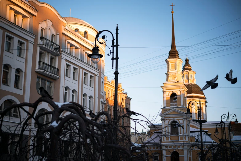 a po of some buildings and birds flying