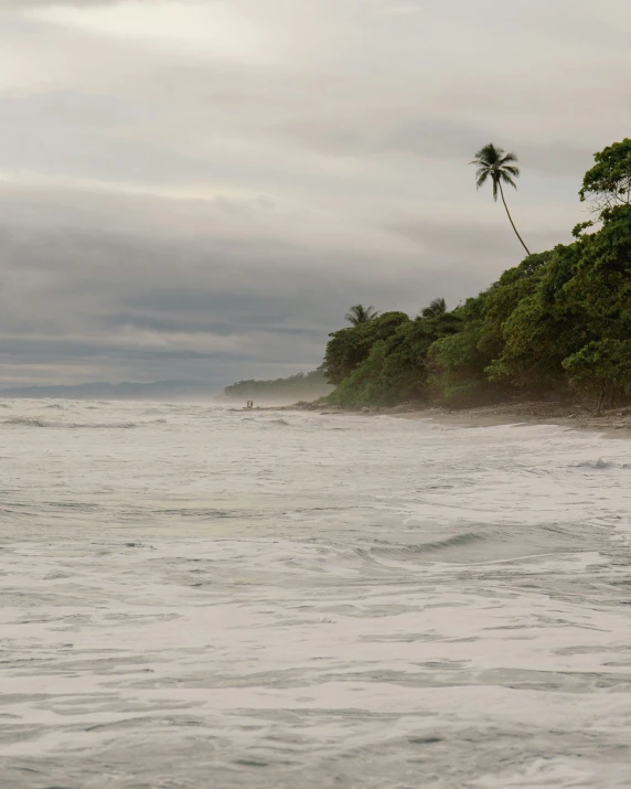 a man riding a surfboard down the ocean next to a sandy beach