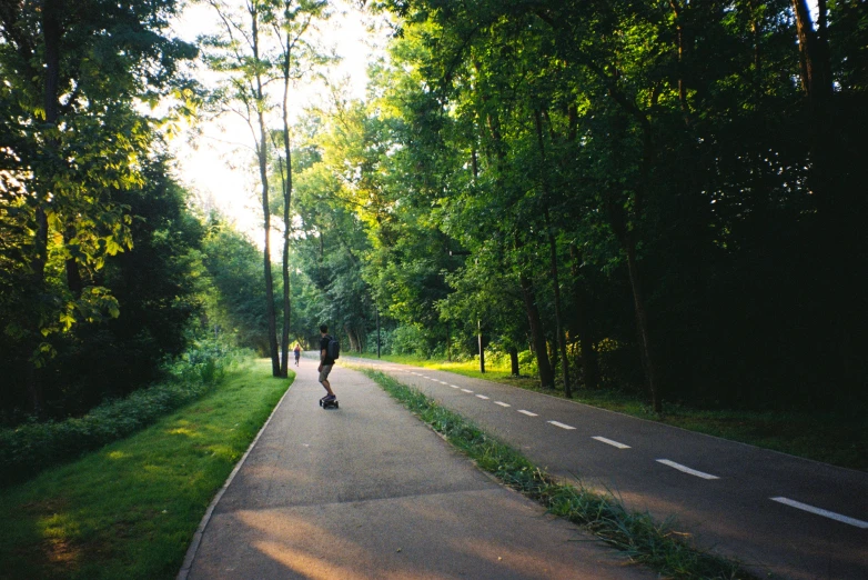 people on skateboards ride down the road with trees around