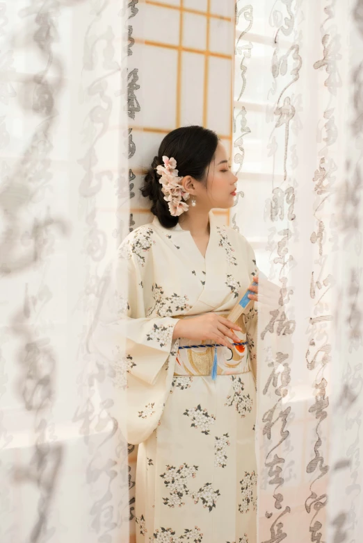 an oriental woman standing in front of a window