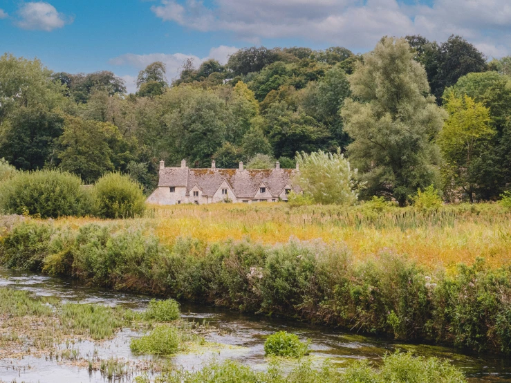 a building is by the river surrounded by trees