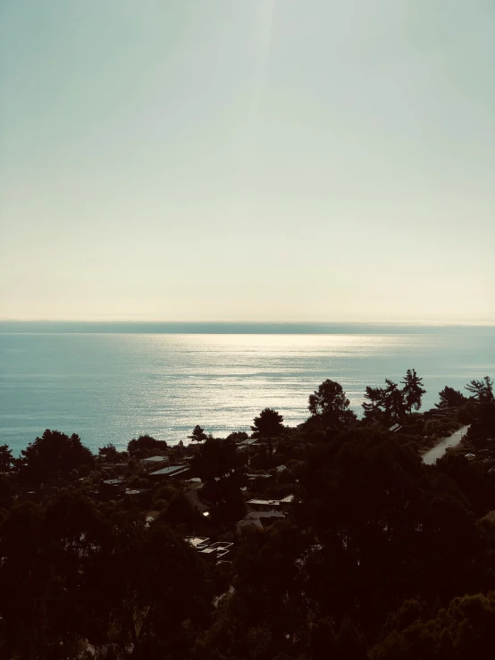 an empty ocean with a train on the tracks going through the trees