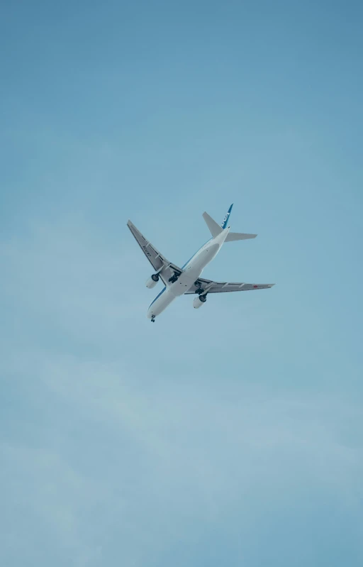 an airplane flying high in the sky against a cloudless sky