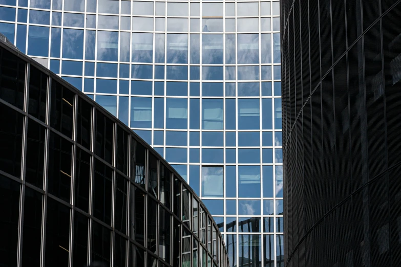 the city street is lined with office buildings