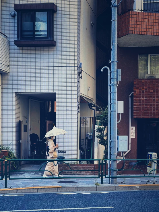 a person walks with an umbrella next to the city street