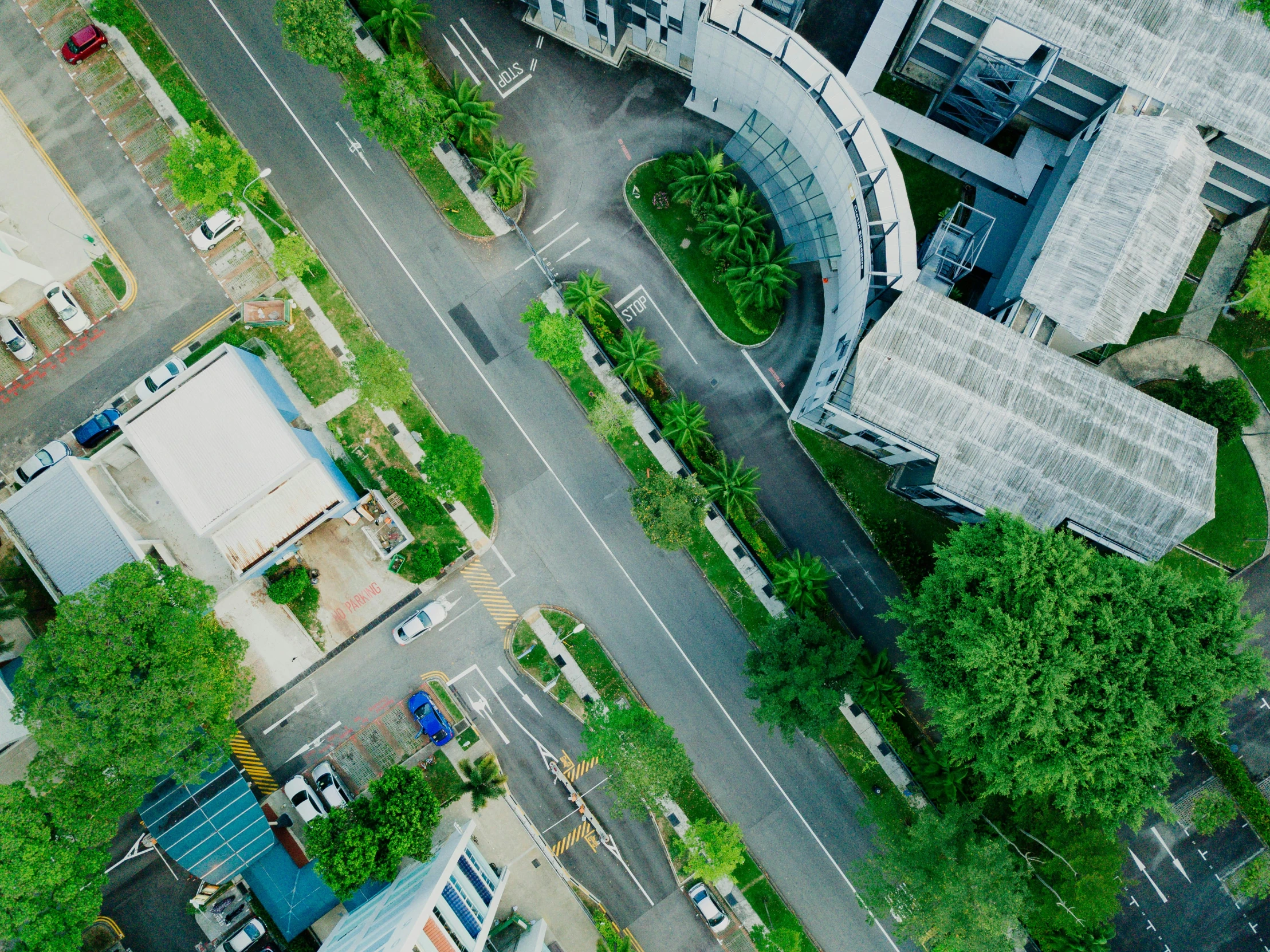 an aerial s of the streets and buildings in a city