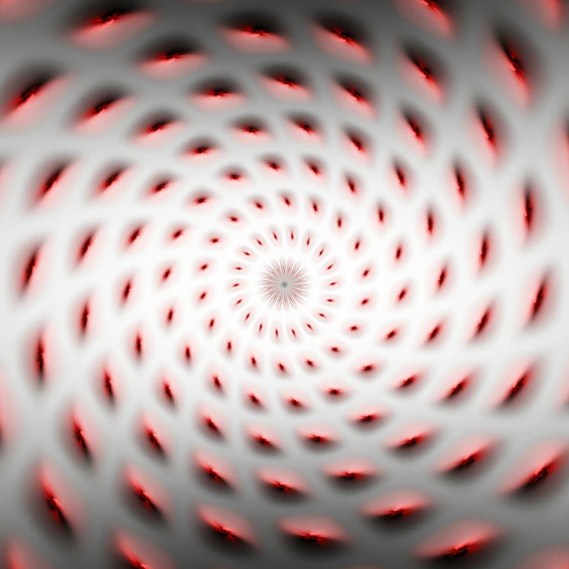 red and white circular patterns with a center on a black background
