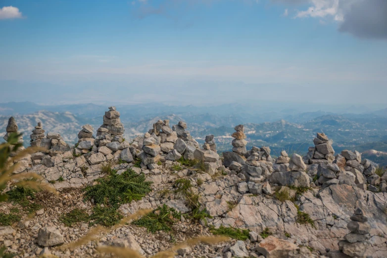 rocks and shrubs growing on a mountain with a view of mountains