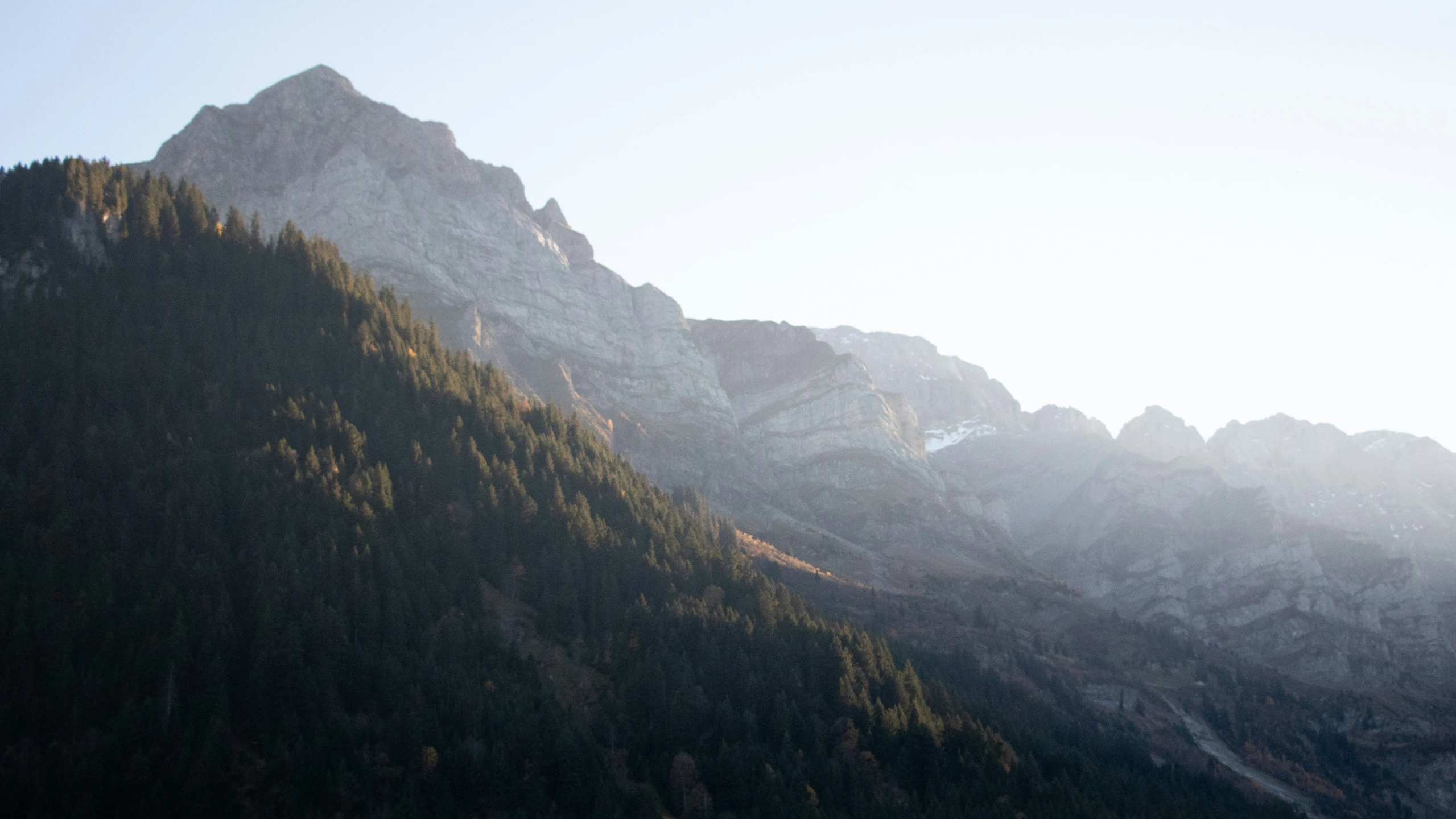 a couple of tall mountains with trees in the foreground