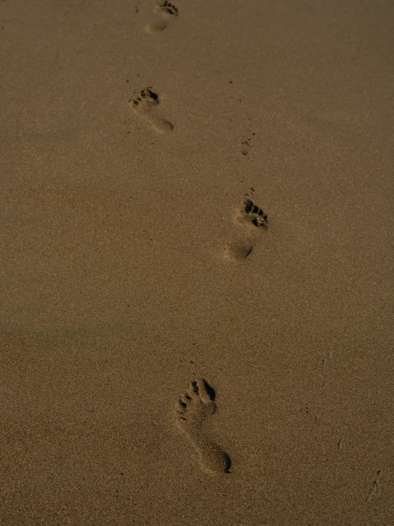 footprints and hands coming out of the water into the sand