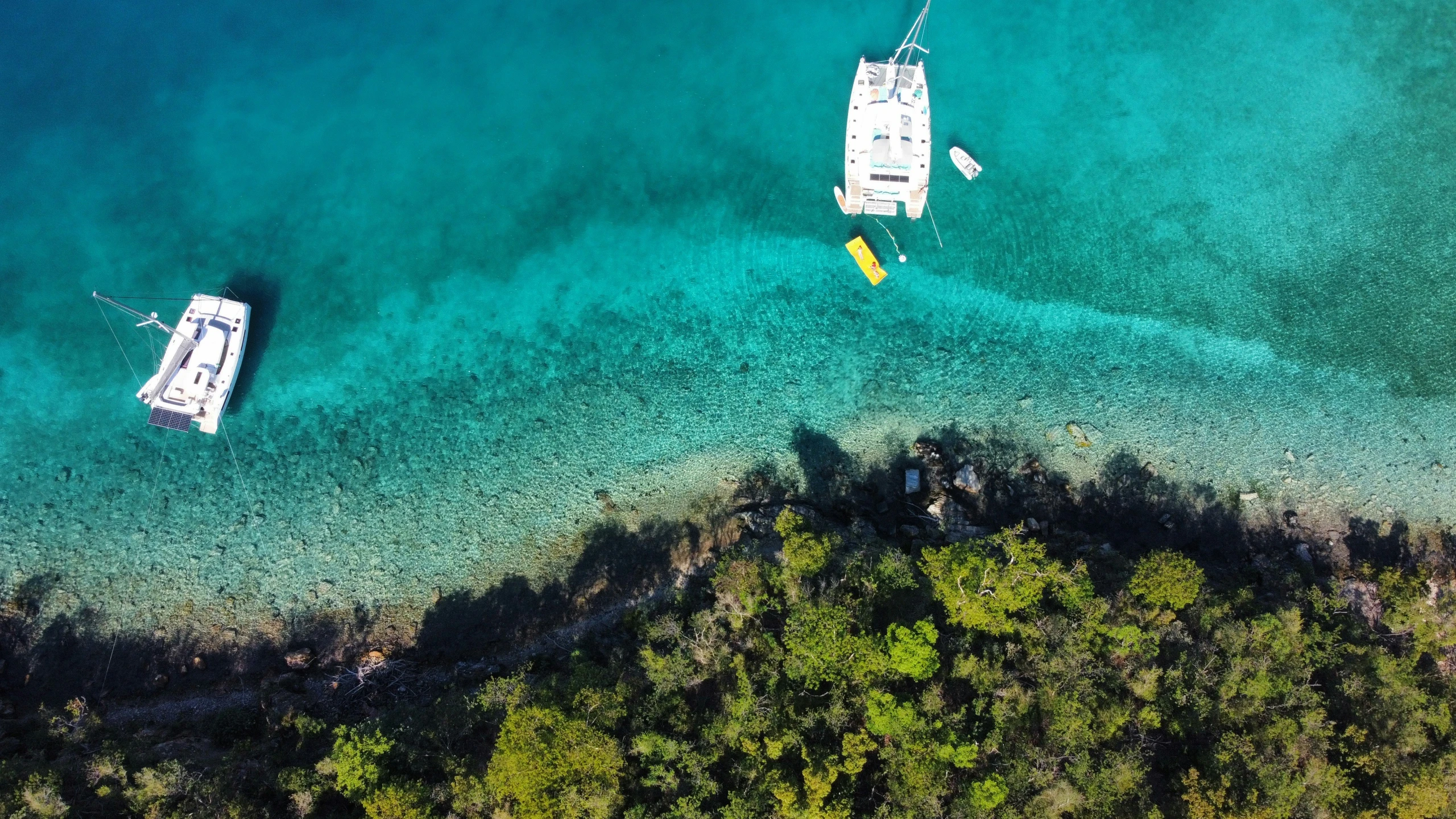 two boats in the water near land and trees