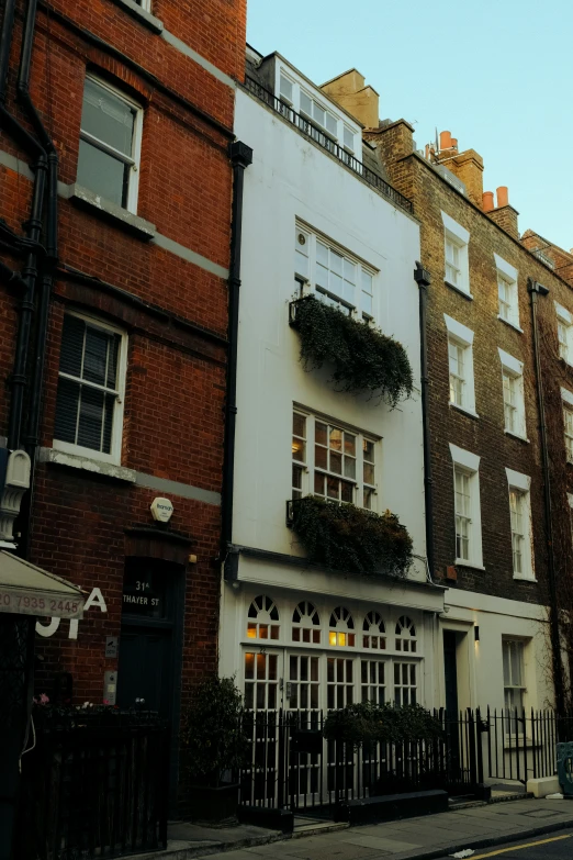 an older row houses with windows and vines