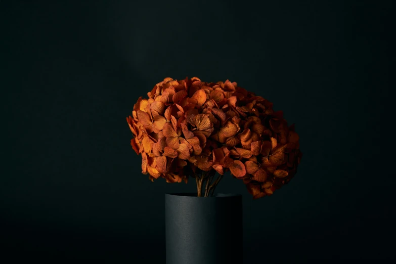 an orange flowers arrangement in a black vase