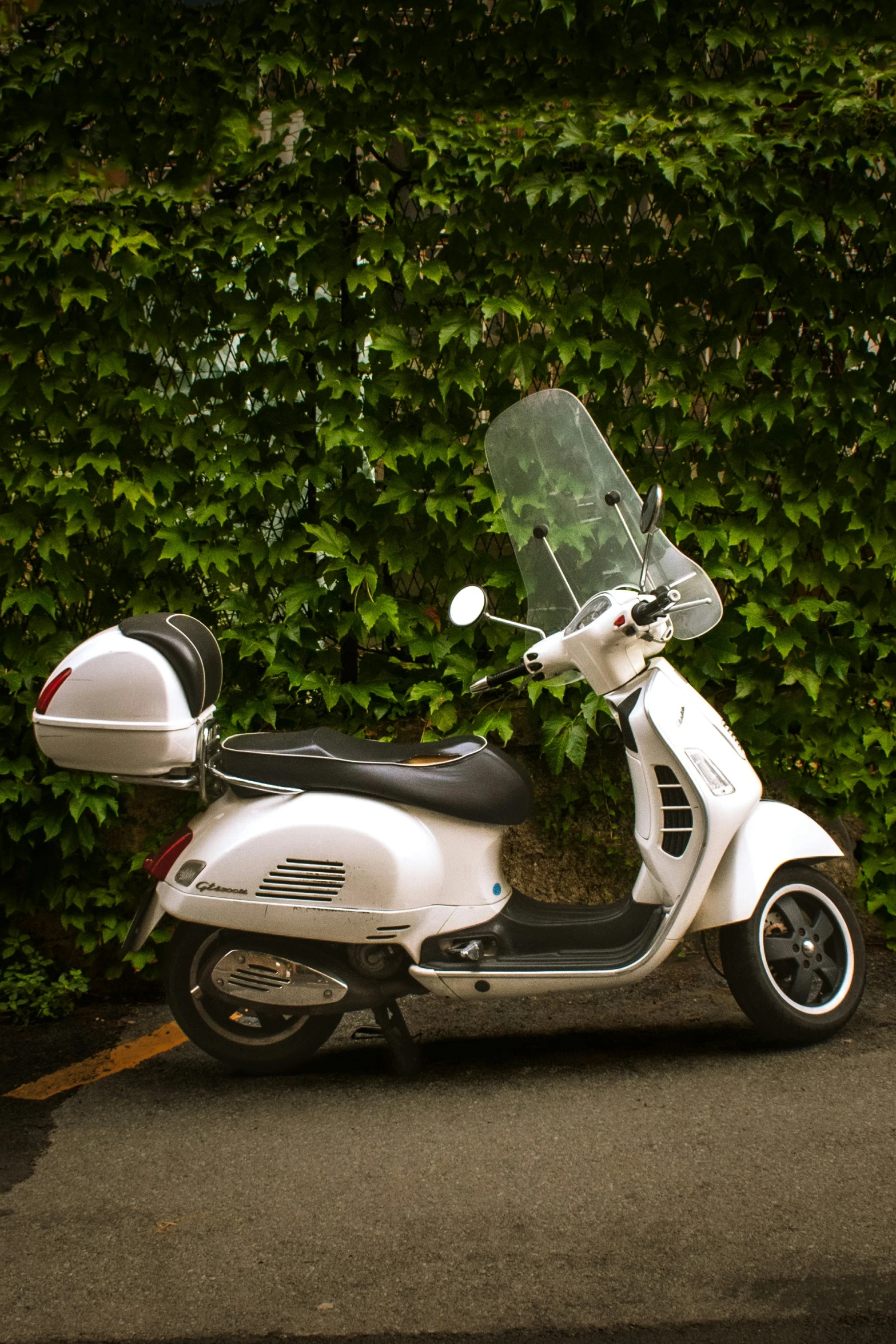 a scooter is parked next to a hedge and parking space