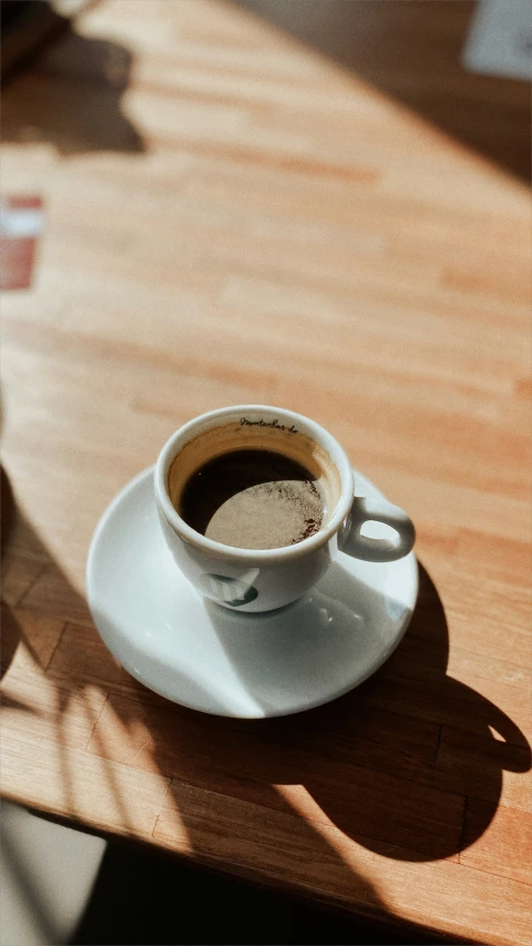 a cup of coffee on a plate on a wooden table