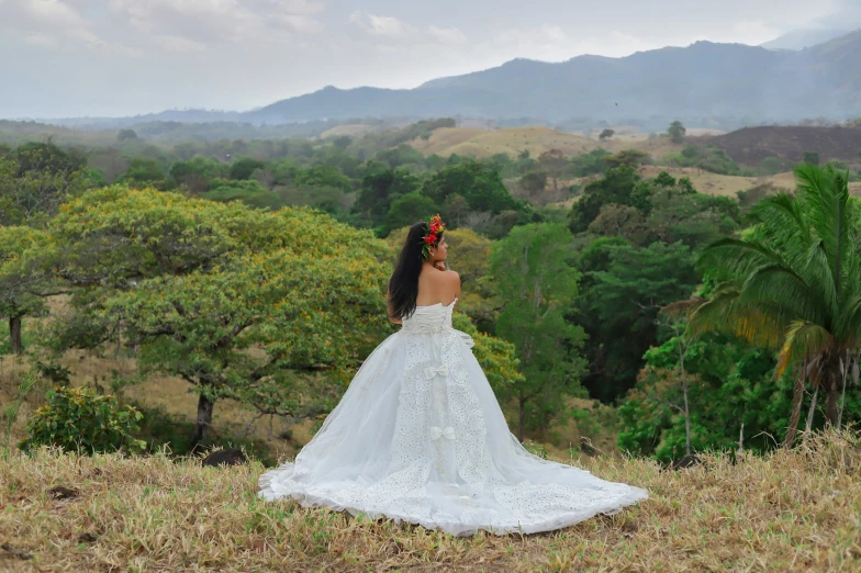 a woman in a dress is looking over a field