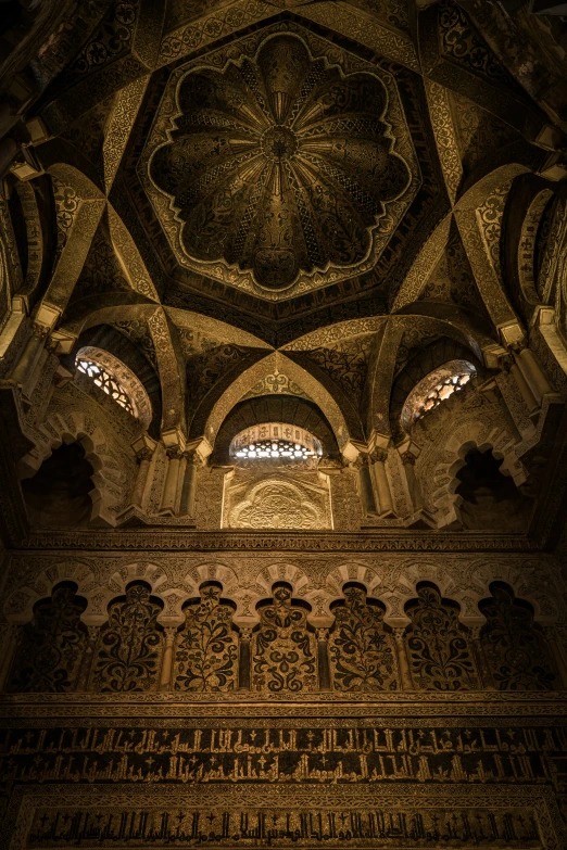 the ceiling of a hall in an old building