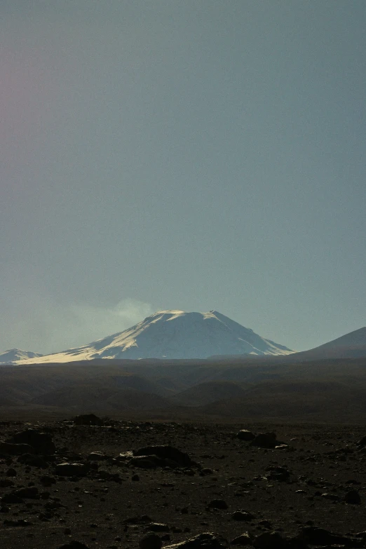 an animal grazing near mountains with a sky background