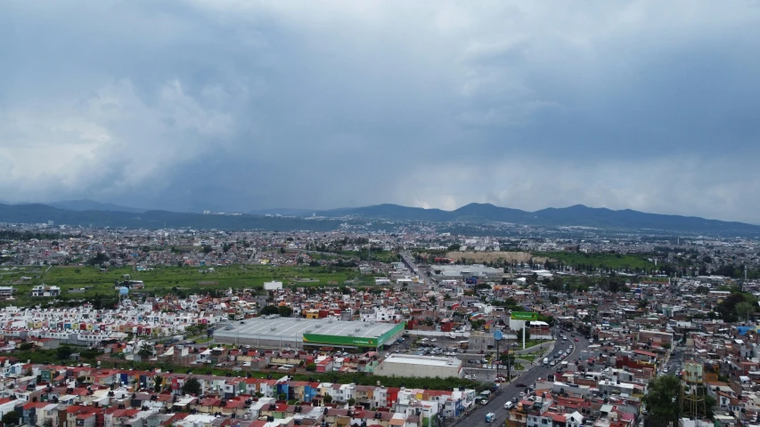 the view from above of an urban area with lots of buildings