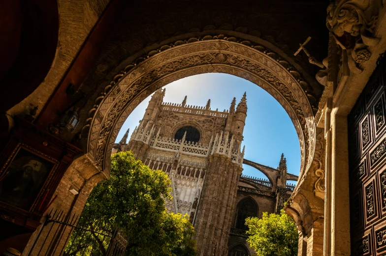 a view through an archway of a tower