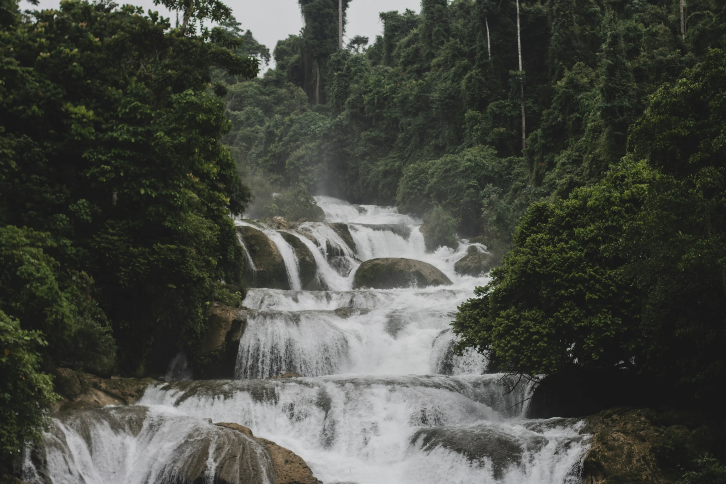 an image of a waterfall that looks like it is in the woods