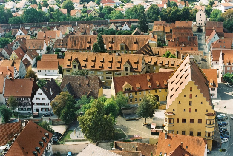 aerial view of buildings in an old city area