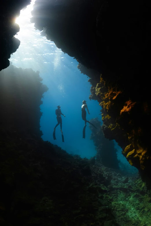 a group of divers swim in an underwater cave