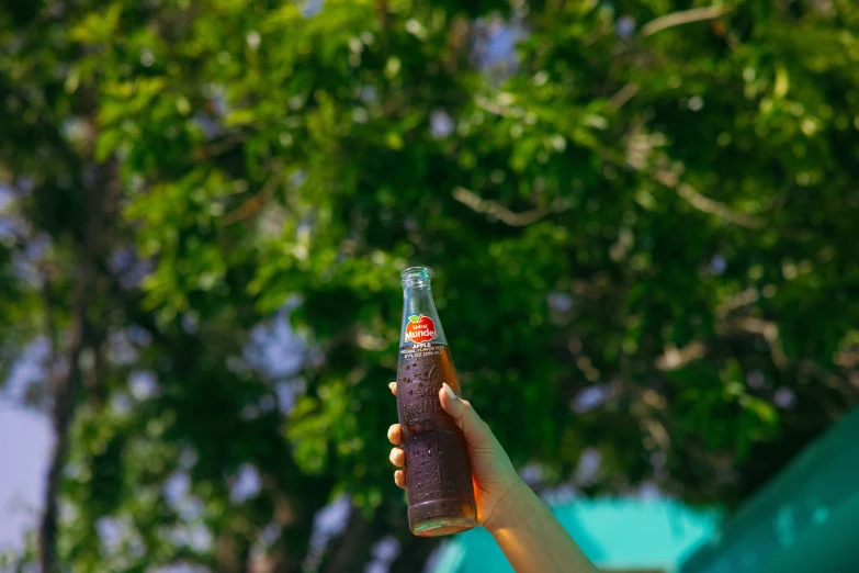 a man holding up a beer bottle near some trees