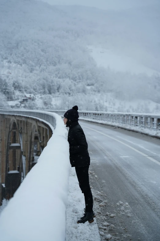 there is a person that is standing on a bridge in the snow