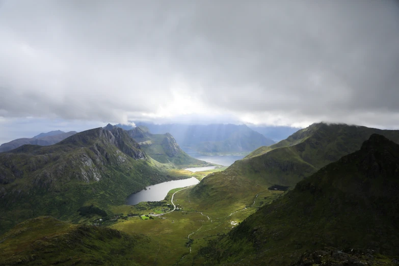 green hills, lake and clouds on an overcast day