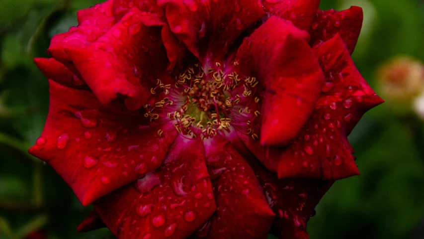 the center of a red flower has dew drops