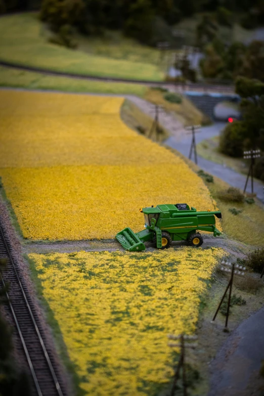 a large tractor in a field of yellow flowers