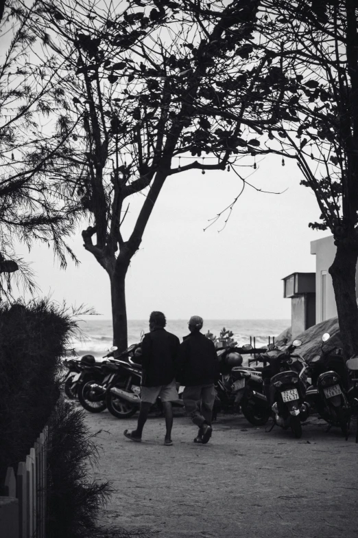 some people walking by some parked motorcycles under some trees