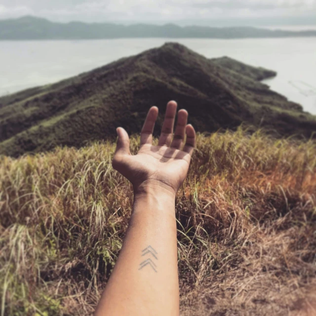 person hand reaching towards grassy island with lake in background