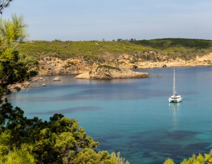 a small boat in the blue sea surrounded by trees