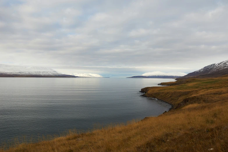 there is a bench along the shore next to the water