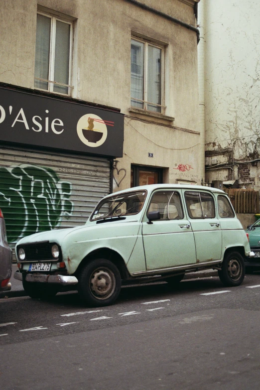 the car is parked next to the wall