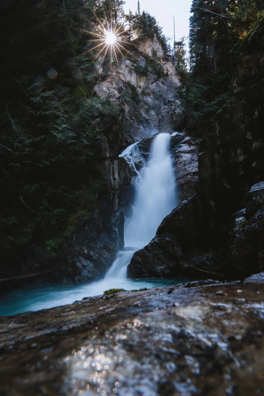 a very tall waterfall flowing into a forest