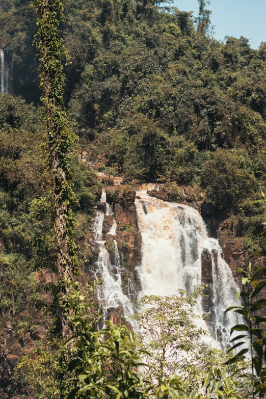 a waterfall and some trees with a building in the background