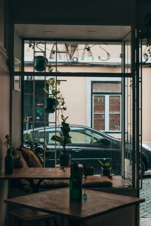 a car parked behind a window behind it with plant pots sitting on a table